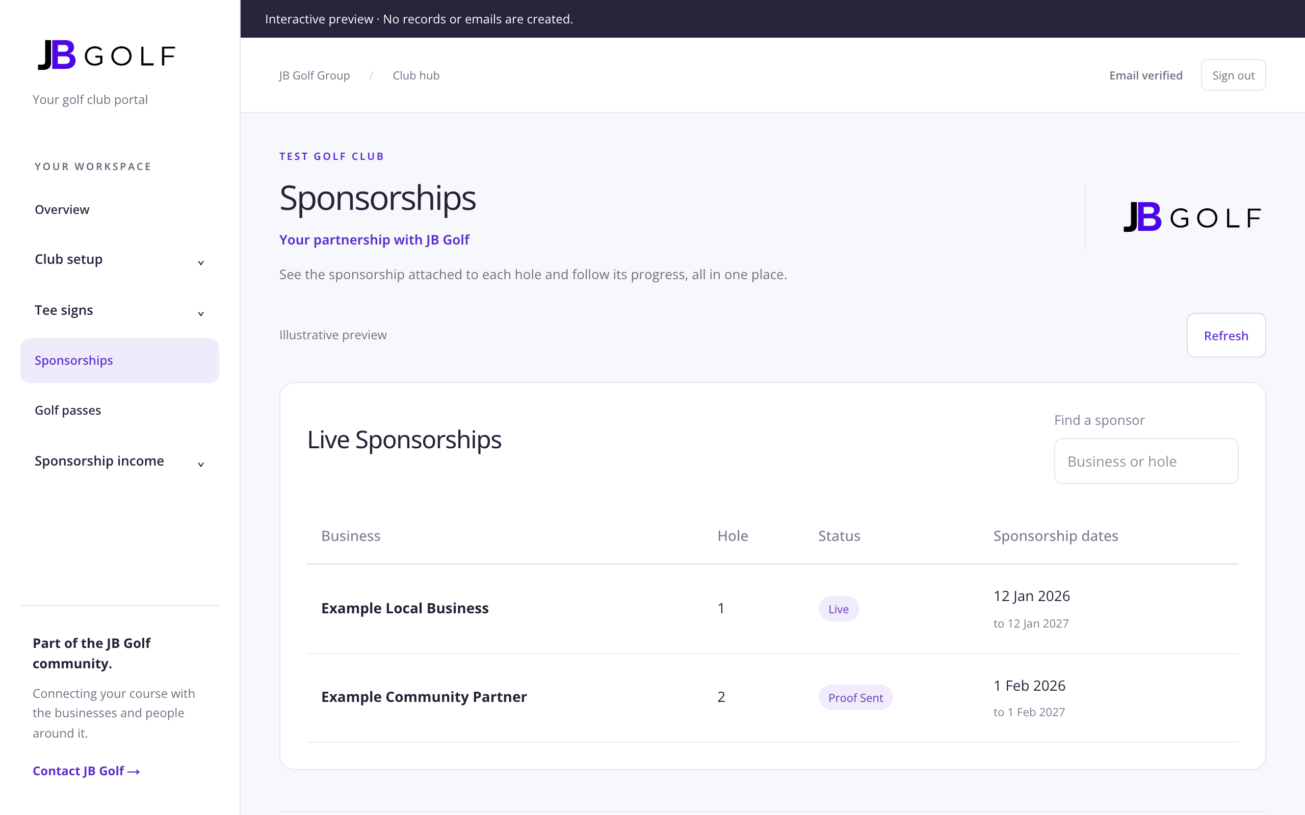 The actual JB Golf club portal sponsorship screen, showing clearly labelled example records
