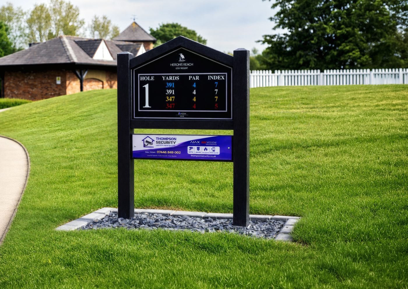 A newly installed tee sign at Herons’ Reach, set on fresh slate groundwork